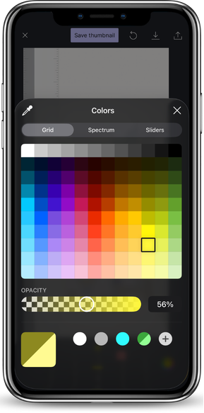 Screenshot showing the color picker interface with spectrum chooser,
      color sliders, and the + button highlighted for saving custom colors