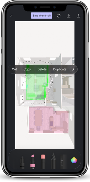  Screenshot showing a selected annotation with the double-tap context
      menu displaying Cut, Copy, Delete, and Duplicate options